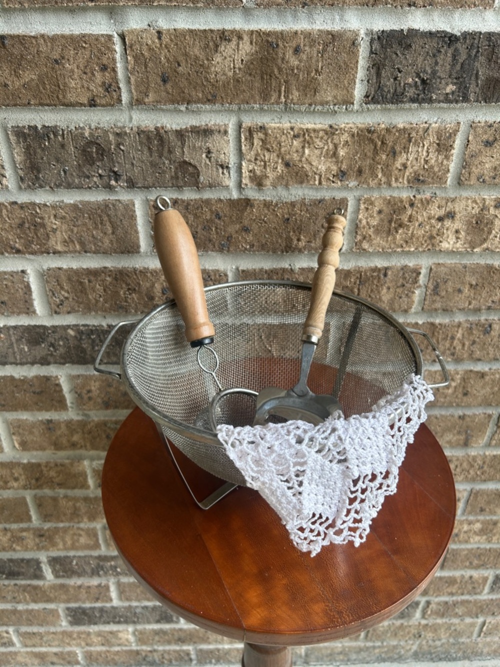Vintage Stainless Steel Mesh Colander, Wooden Handle mini strainer/cheese slicer